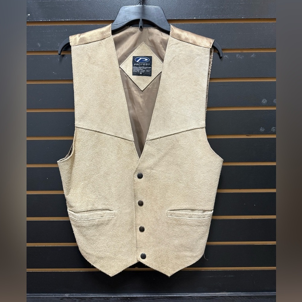Vintage Protest Genuine Leather Vest – Size M – Tan Suede Front, Satin Back